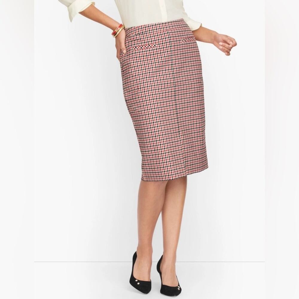 Talbots Red And Black Gingham Twill Pencil Skirt Size 4 Petite Academia